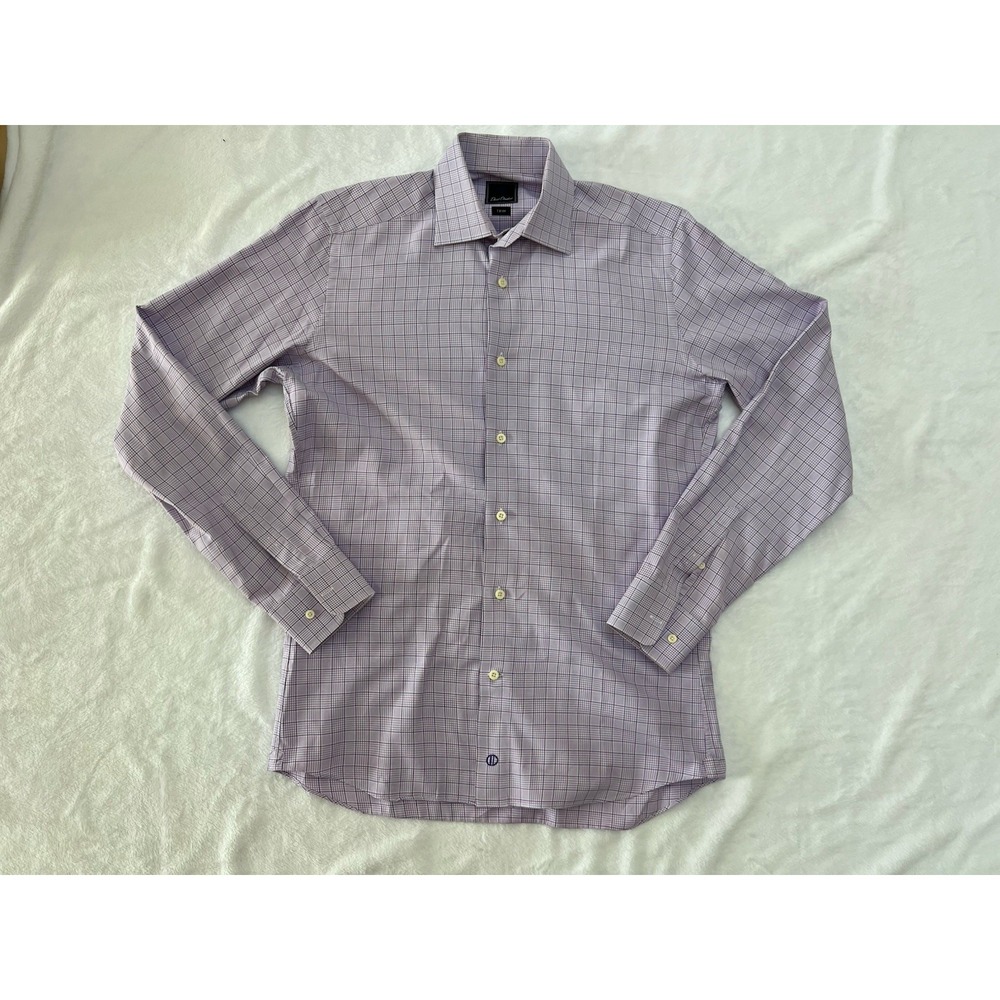 David Donahue Shirt Mens 15.5 34/35 Purple Plaid Trim Fit Long Sleeve Dress